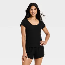 Women's Pointelle Short Sleeve Shirt and Shorts Pajama Set - Auden™ Black L