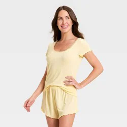 Women's Pointelle Short Sleeve Shirt and Shorts Pajama Set - Auden™ Yellow XS