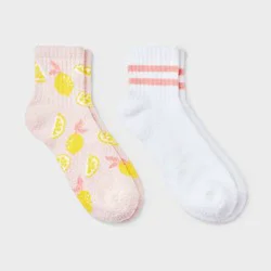 Women's Lemon 2pk Cozy Quarter Crew Socks - Pink/White Combo 4-10