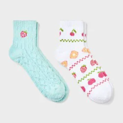Women's Fairisle Fruit 2pk Cozy Quarter Crew Socks - White/Blue Combo 4-10