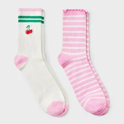 Women's 2pk Ribbed Scallop Edge Embroidered Cherry Crew Socks - Wild Fable™ Cream/Pink 4-10