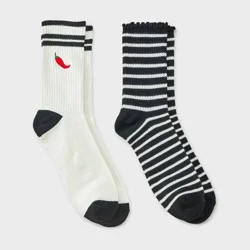 Women's 2pk Ribbed Scallop Edge Embroidered Chili Pepper Crew Socks - Wild Fable™ Cream/Black 4-10