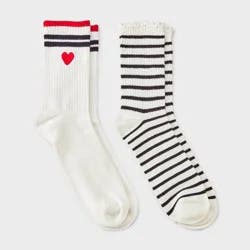 Women's 2pk Ribbed Scallop Edge Embroidered Heart Crew Socks - Wild Fable™ Cream/Black 4-10