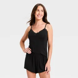 Women's Lace Trim Cloud Knit Tank Top and Shorts Pajama Set - Auden™ Black M