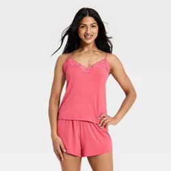 Women's Lace Trim Cloud Knit Tank Top and Shorts Pajama Set - Auden™ Pink S