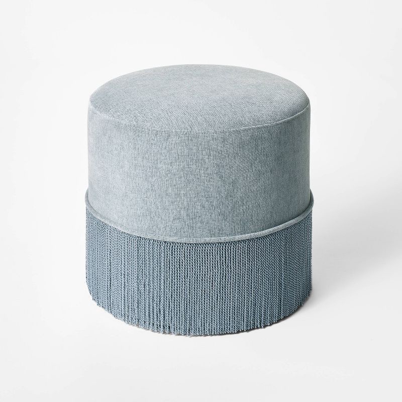 slide 1 of 5, Threshold designed w/Studio McGee Upholstered Drum Ottoman with Fringe Light Blue - Threshold™ designed with Studio McGee, 1 ct