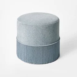 Threshold designed w/Studio McGee Upholstered Drum Ottoman with Fringe Light Blue - Threshold™ designed with Studio McGee