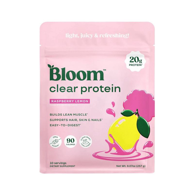 slide 1 of 6, BLOOM NUTRITION Clear Protein Powder - Raspberry Lemon - 9.07oz: 20g Protein, Whey Isolate, Collagen, 9.07 oz, 20 gram