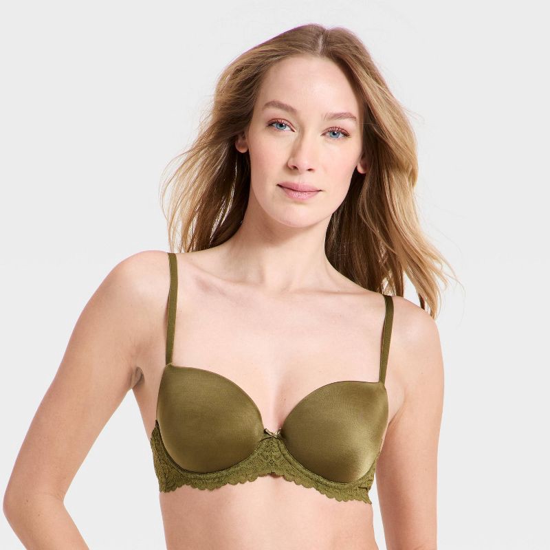slide 1 of 5, Women's Lightly Lined Lace Push-Up Demi Bra - Auden™ Olive Green 38B, 1 ct