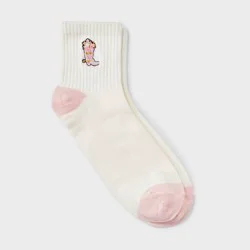 Women's Fashion Ribbed Ankle Single Cowboy Boot Embroidered Socks - Cream