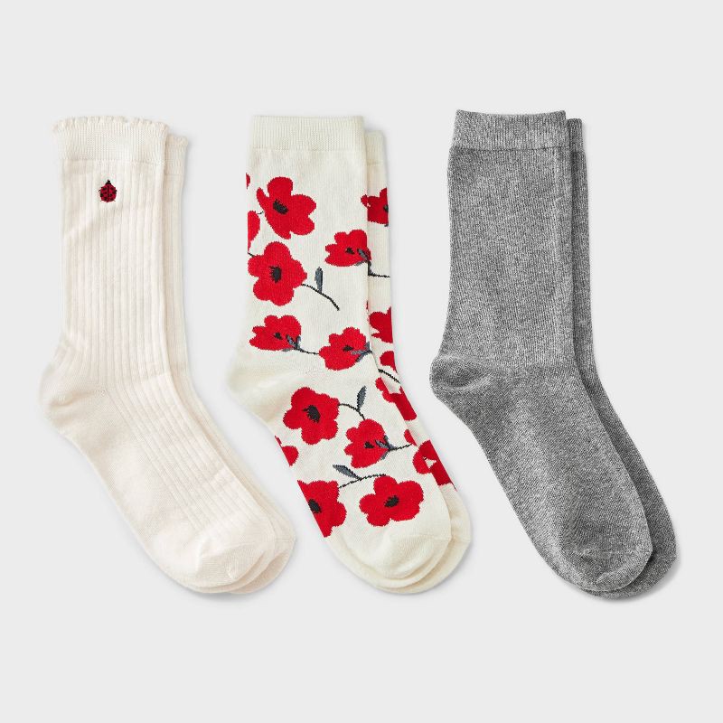 slide 1 of 4, Women's Scallop Rib Embroidered Icon Lady Bug Crew Socks - A New Day™ Colorful Mix, 1 ct