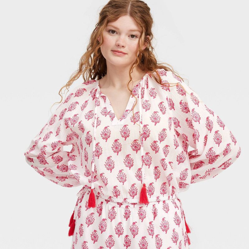 slide 1 of 5, Women's Bouquet Long Sleeve Tie-Neck Boho Top Pink - Roller Rabbit x Target S, 1 ct