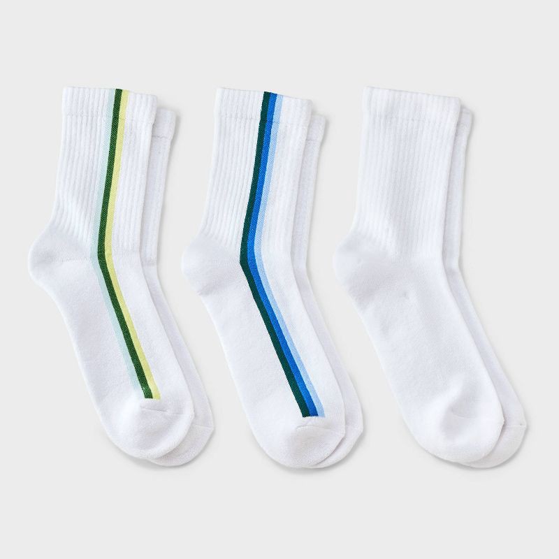 slide 1 of 3, Women's 2pk Vertical Stripes Cushioned Mid Crew Socks - Auden™ - White, 2 ct