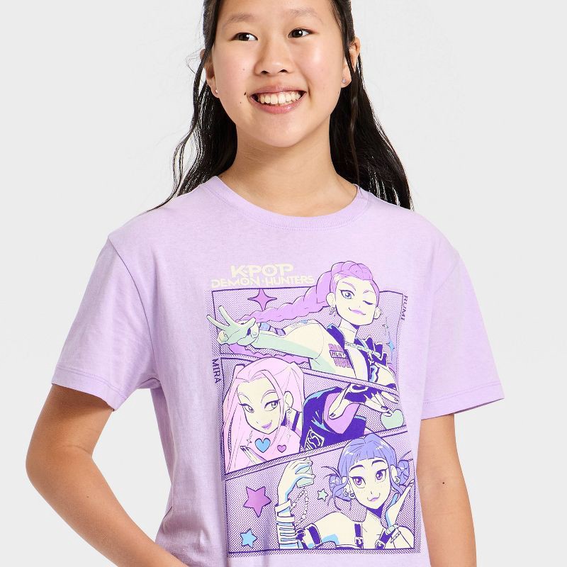 slide 2 of 4, KPop Demon Hunters Girls' K-Pop Demon Hunters Short Sleeve Oversized Graphic T-Shirt - Lavender XL, 1 ct