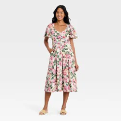 Women's Flutter Sleeve Belted Midi Dress - A New Day™ Pink/Green Floral 16