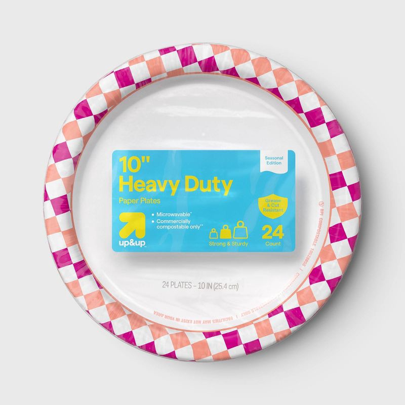 slide 1 of 2, Disposable Plates 10" - Pink/Orange Checkered - 24ct - up&up™, 24 ct