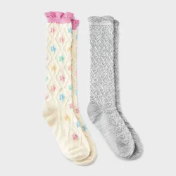 Girls' 2pk Textured Floral & Hearts Ruffle Knee High Socks - Cat & Jack™ Ivory M
