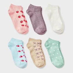 Girls' 6pk Fruit & Bows Pointelle Super Soft No Show Socks - Cat & Jack™ Pink/Gray/Blue L
