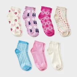 Girls' 7pk Fruit & Floral Ruffle Ankle Socks - Cat & Jack™ Pink/Blue/White S