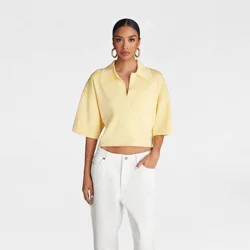 KBB by KAHLANA Women's Short Sleeve Boxy 'The Cropped Polo Sweater' - Yellow L