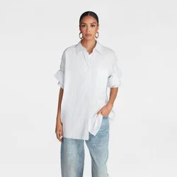 KBB by KAHLANA Women's Short Sleeve Button-Down 'The Tucked Sleeve Shirt' - Cream Striped L
