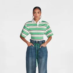 KBB by KAHLANA Women's Short Sleeve 'The Fitted Rugby Shirt' - Green Striped L