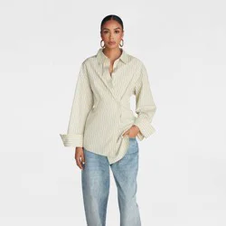 KBB by KAHLANA Women's Long Sleeve Button-Down 'The Wrap Shirt' - Yellow Striped L