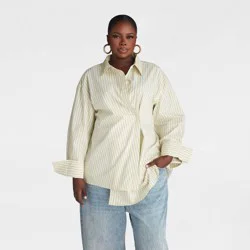 KBB by KAHLANA Women's Long Sleeve Button-Down 'The Wrap Shirt' - Yellow Striped XXL