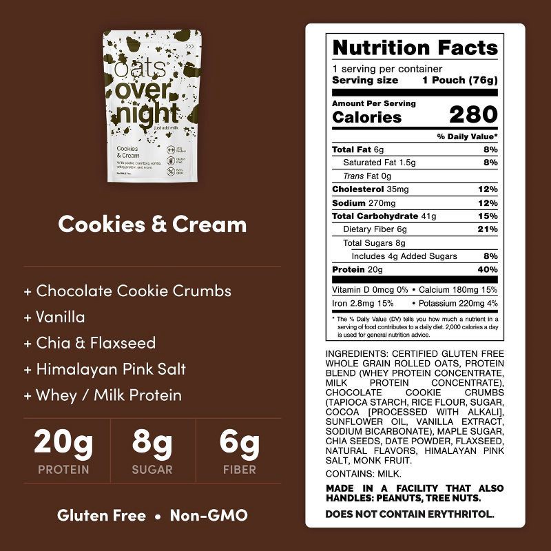slide 4 of 7, Oats Overnight Cookies and Cream Breakfast Shake Pouch - 2.7oz, 2.7 oz