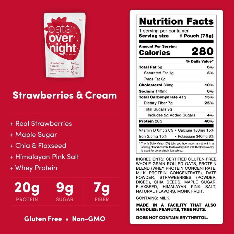 slide 5 of 8, Oats Overnight Strawberries and Cream Breakfast Shake Pouch - 7.9oz/3ct, 7.9 oz, 3 ct