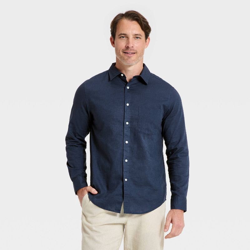 slide 1 of 3, Men's Long Sleeve Linen Blend Button-Up Shirt - Goodfellow & Co™ Blue M, 1 ct