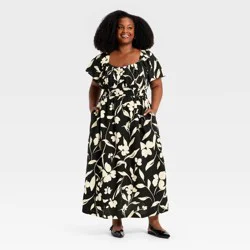 Women's Plus Flutter Short Sleeve Maxi Dress - Ava & Viv™ Black/Cream Floral 2X