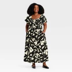 Women's Plus Flutter Short Sleeve Maxi Dress - Ava & Viv™ Black/Cream Floral 3X