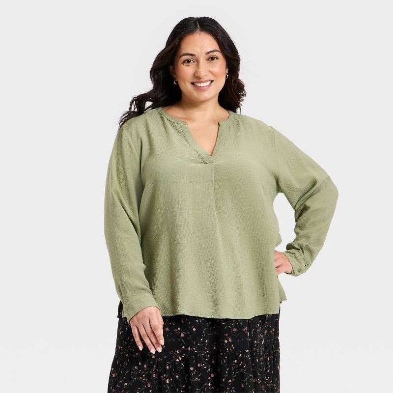 slide 1 of 3, Women's Long Sleeve Popover Blouse - Ava & Viv™ Olive Green 3X, 1 ct