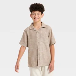 Boys' Short Sleeve Textured Woven Button-Up Shirt - art class™ Light Beige L