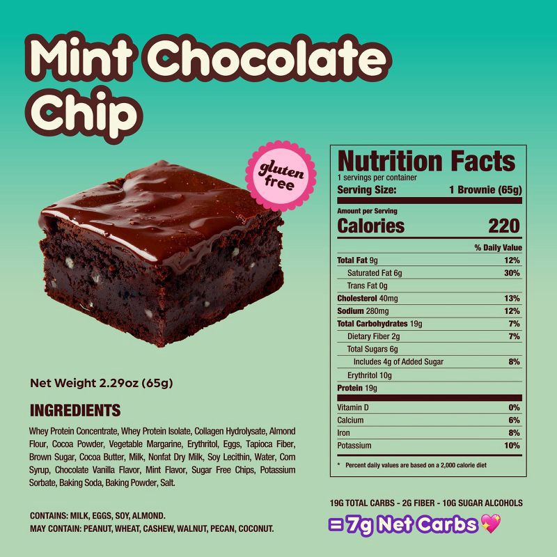 slide 3 of 5, Prime Bites Mint Chocolate Chip Protein Brownie - 19g Protein - 2.29oz, 19 gram, 2.29 oz