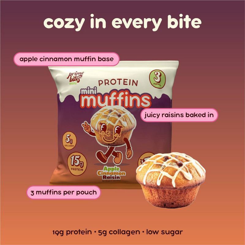 slide 3 of 6, Prime Bites Apple Cinnamon Raisin Protein Mini Muffins - 15g Protein - 2.12oz, 15 gram, 2.12 oz