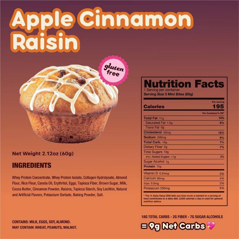 slide 5 of 6, Prime Bites Apple Cinnamon Raisin Protein Mini Muffins - 15g Protein - 2.12oz, 15 gram, 2.12 oz