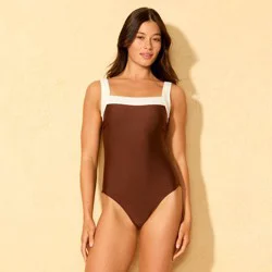 Women's Binding Scoop Neck Full Coverage One Piece Swimsuit - Shade & Shore™ Brown/Cream XL