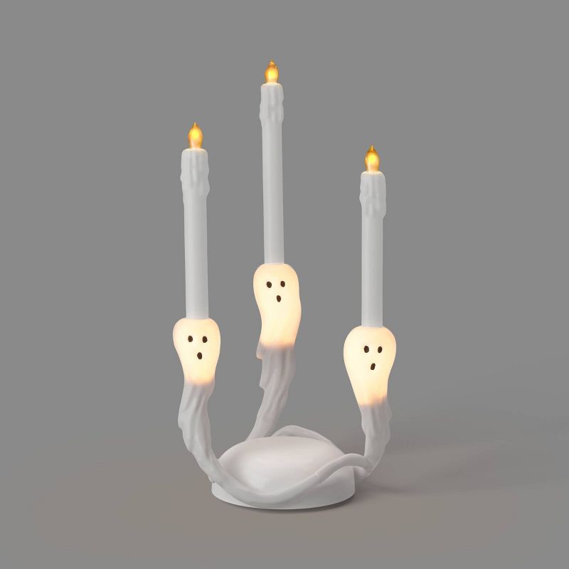 slide 1 of 3, 14" Classic Lit Candelabra Candle with Timer and Ghost Face Decorative Prop - Hyde and EEK! Boutique™: Halloween, 14 in