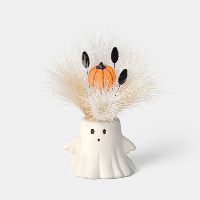slide 1 of 3, 8" Grim Greenery Plastic Ghost Halloween Artificial Pot Planter with Gray Plant - Hyde and EEK! Boutique™, 1 ct