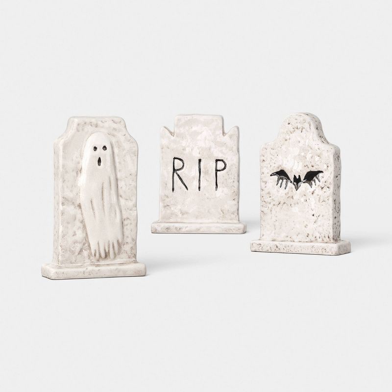 slide 1 of 3, 3pk Ceramic Tombstones Figurine Set - Hyde and EEK! Boutique™: Halloween, 3 ct