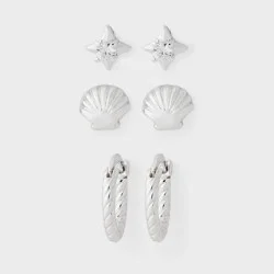 Starburst Seashell and Roped Huggie Hoop Earring 3pc Set - A New Day™ Silver