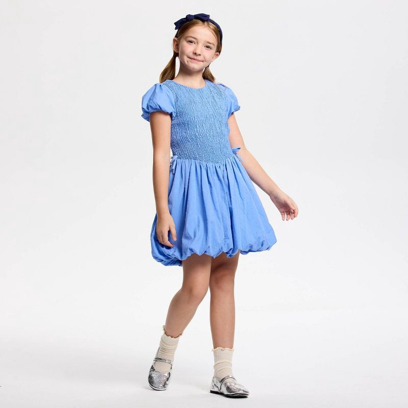 slide 2 of 4, Owillo® Girls' Short Sleeve Smocked Bodice Bubble A-Line Dress - Blue XS, 1 ct