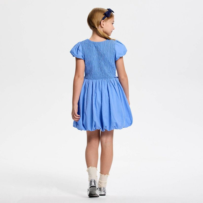 slide 3 of 4, Owillo® Girls' Short Sleeve Smocked Bodice Bubble A-Line Dress - Blue S, 1 ct
