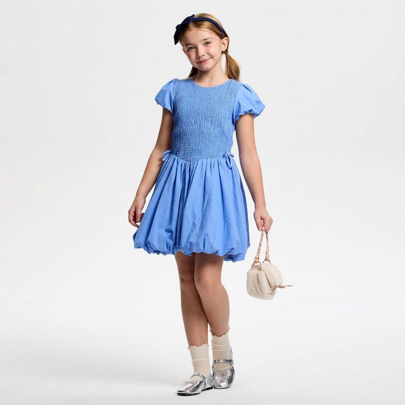 slide 4 of 4, Owillo® Girls' Short Sleeve Smocked Bodice Bubble A-Line Dress - Blue S, 1 ct