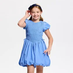 Owillo® Girls' Short Sleeve Smocked Bodice Bubble A-Line Dress - Blue XL