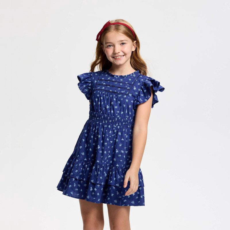 slide 2 of 4, Owillo® Girls' Flutter Short Sleeve Floral Printed A-Line Dress - Blue S, 1 ct