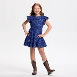 Owillo® Girls' Flutter Short Sleeve Floral Printed A-Line Dress - Blue XL