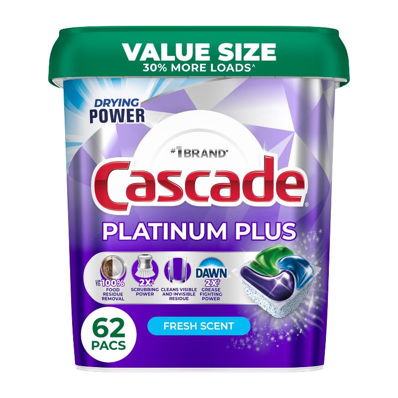 slide 1 of 10, Cascade Fresh Platinum Plus Action Pacs Drying Power Dishwasher Detergents - 62ct: Plastic Tub, Multi-Surface, 62 ct